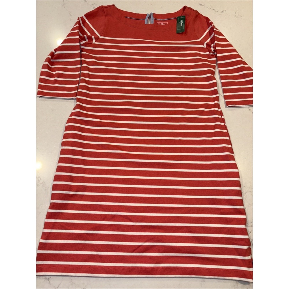LL Bean Womens S Coral White Sea Salt Striped Heritage Dress‎ Mariner Cotton NWT